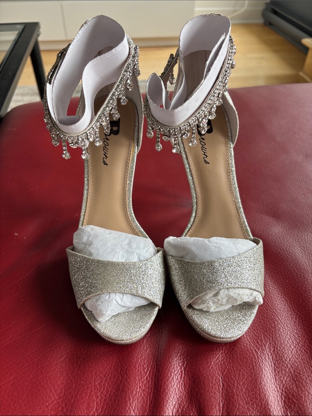 Crystal-Trim Silver Glitter Ankle-Strap Heels